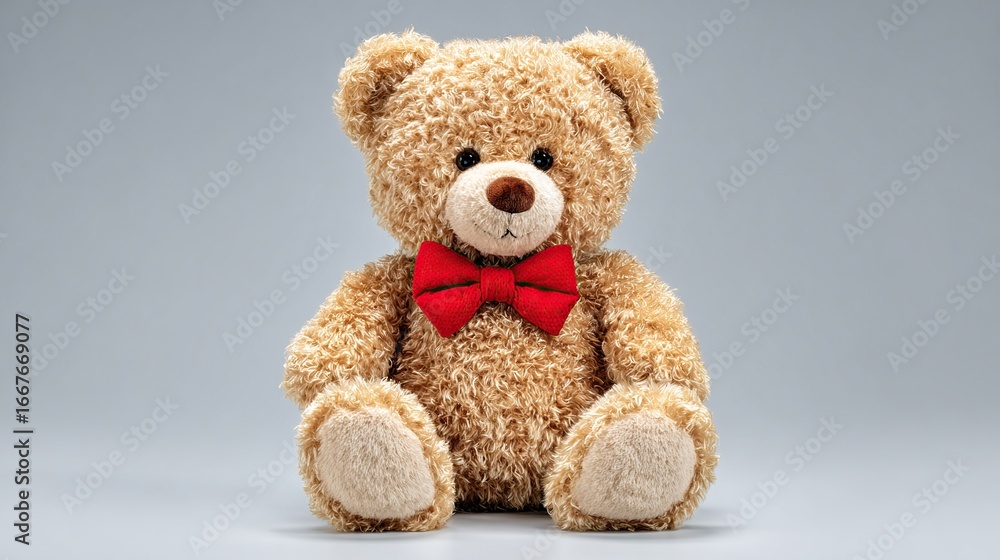 Fototapeta premium Soft, light brown teddy bear with a red bow tie sitting against a plain backdrop