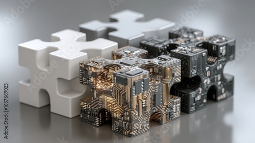 Stylized tech puzzle pieces fitting together with microchip patterns and wire connections representing system integration or modular software architecture illustration