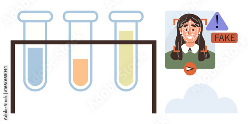 Test tubes filled with colorful liquids on a stand combined with facial recognition scanning, highlighting a fake identity warning. Ideal for AI, ethics, biometrics, science, security, technology