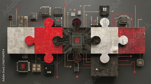 Stylized tech puzzle pieces fitting together with microchip patterns and wire connections representing system integration or modular software architecture illustration