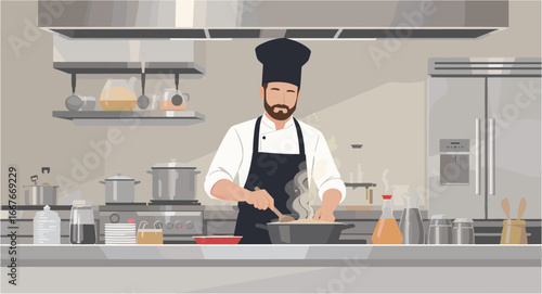 Flat Professional Chef Cooking Food in a Restaurant Kitchen Illustration