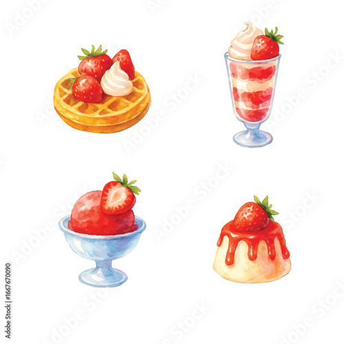 Watercolor Strawberry-Theme, Food Edition #14—Strawberry Waffle, Parfait, Sorbet, and Panna Cotta. Vector Illustration. Design Element. Clip art. Suitable for artwork design.