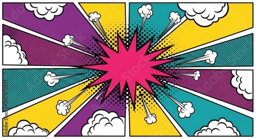 Dynamic Pop Art Explosion with Colorful Radiating Panels and Halftone Textures