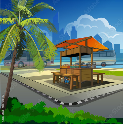 Vector illustration, Angkringan is a place that sells various foods and drinks at affordable prices, with a daytime atmosphere in the corner of the city.