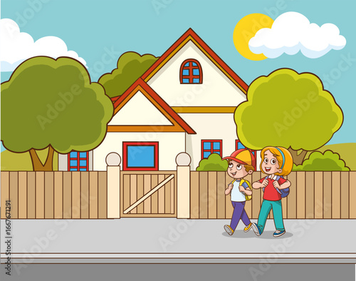 Happy and diverse school children with backpacks, excited kids ready to go to school, cheerful children returning home from school, illustration of primary school students