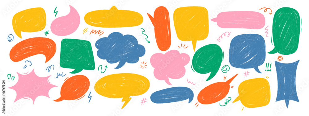 Fototapeta premium Crayon speech bubbles set. Hand drawn vector comic talk balloons with chalky texture. Doodle style colorful dialog frames.