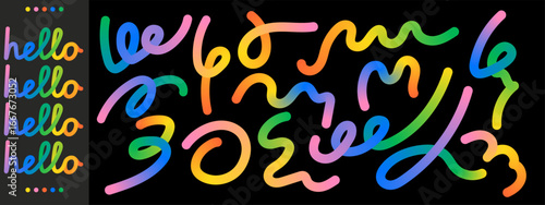 Playful rainbow gradient ribbons. Abstract doodle shapes with playful curved strokes. Squiggly vector elements.