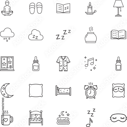 Sleep and Bedtime Routine Line Art Icon Set