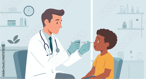 Flat Style Healthcare Doctor Examining Patient with Otoscope Medical Illustration