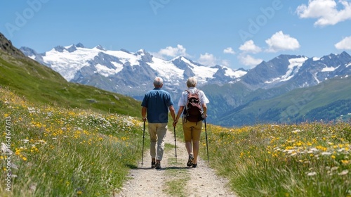 Senior couple walking together and holding hands as they hike on a scenic mountain trail surrounded by a picturesque alpine landscape of snow capped peaks lush meadows