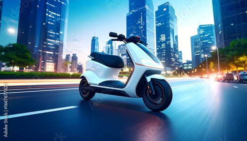 Modern White Electric Scooter on a City Street at Night.