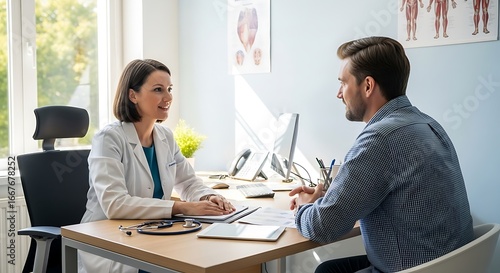 Wallpaper Mural A female doctor in a white coat consults with a male patient in her office, discussing medical information. Torontodigital.ca