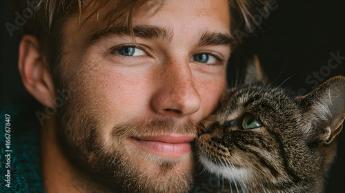 Man affectionately bonding with his pet cat