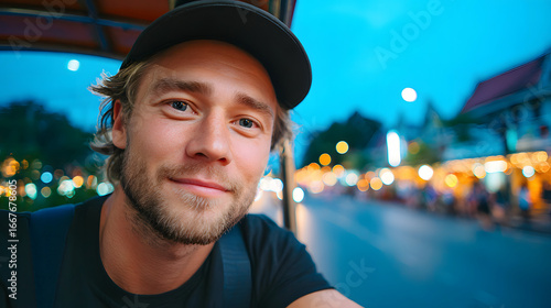 Tourist man take tuk-tuk to roadside street food at night