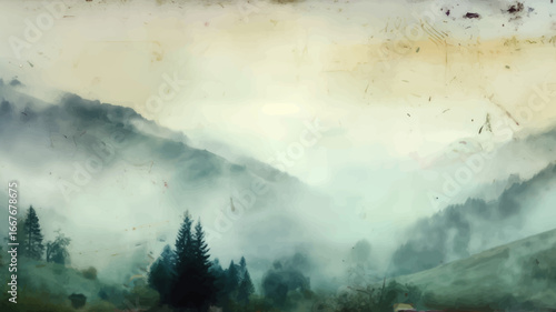 Vector illustration of an aged and scratched vintage photograph depicting a tranquil mountain landscape with burnt, worn edges. Banner