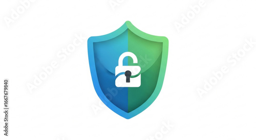 Security shield with open padlock vector illustration for website and application protection design concept