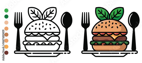 Healthy Vegan Burger with Cutlery – Organic Plant Based Fast Food Illustration Vector, burger, healthy, fast-food