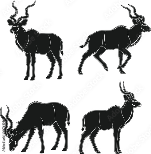 Four stylized silhouettes of antelope with spiral horns