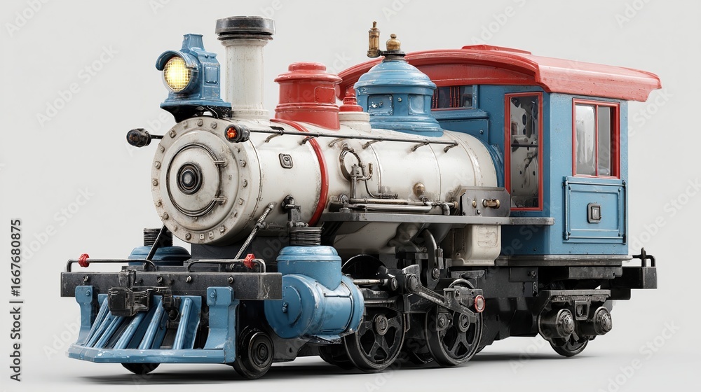 Naklejka premium Colorful toy steam train with red, white, and blue on a white background