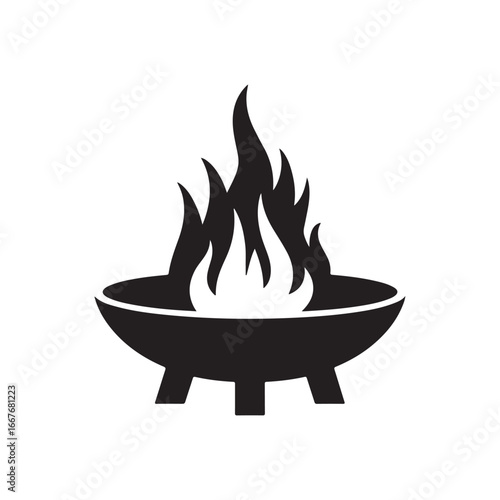 Black and White Silhouette of a Fire Pit with Flames for Outdoor and Camping Icons