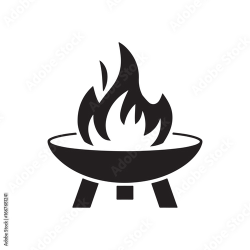 Black and White Silhouette of a Fire Pit with Flames for Outdoor and Camping Icons