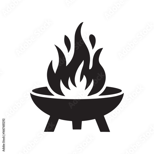 Black and White Silhouette of a Fire Pit with Flames for Outdoor and Camping Icons