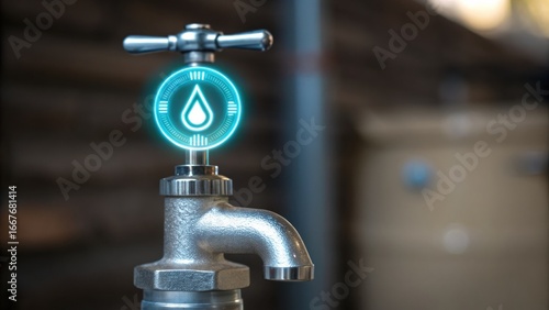 Global Migration + Refugee + Humanitarian Futuristic faucet with digital water droplet indicator in a modern setting.
