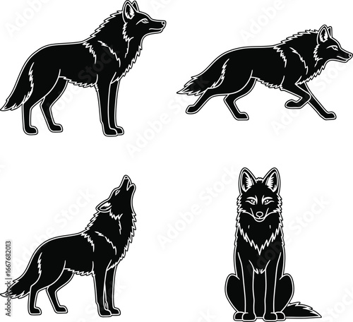 Four stylized black wolf silhouettes in different poses