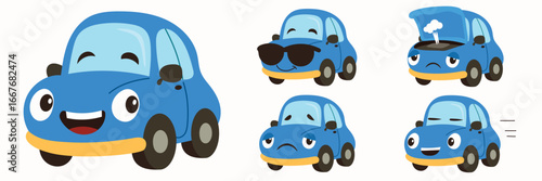 Cute Cartoon Cars with Various Emotions. Hand Drawn Vector Art