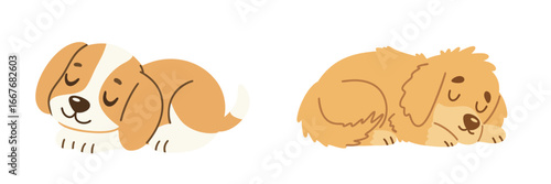Two adorable sleeping puppies in a cute cartoon style. Hand Drawn Vector Art