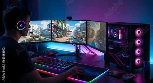 A gamer plays a video game on a high-end PC with triple monitors and RGB lighting.
