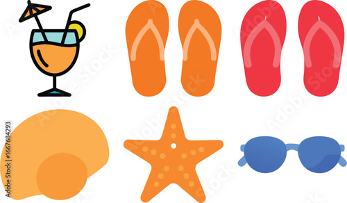 Summer Vacation Essentials Sunglasses, Flip-Flops, Cocktails, and Seashells