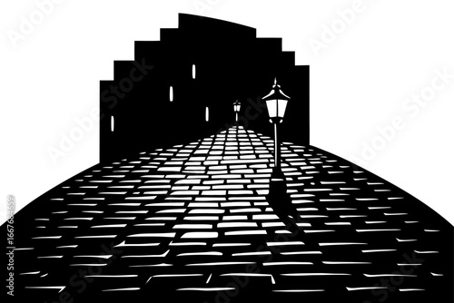 Vector art of silhouette of  Cobblestone street with vintage street lamps