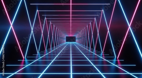 Retro 80s Synthwave Corridor with a Glowing Laser Grid into a Starry Void