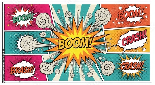 Retro Comic Panels Exploding with Colorful Onomatopoeia and Action Lines