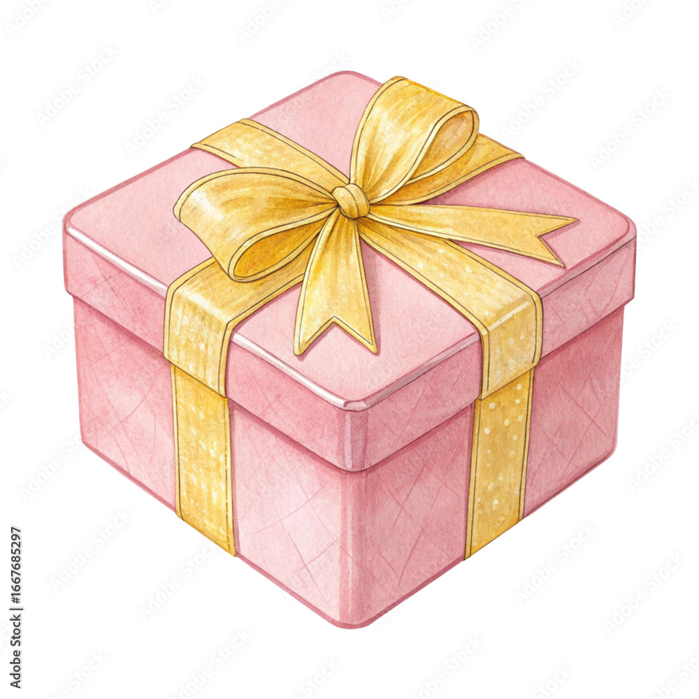 Fototapeta premium Watercolor pink gift box with yellow ribbon bow isolated on transparent background