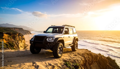 White 4x4 SUV parked on a cliff overlooking the ocean at sunset.