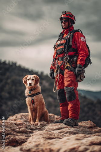 A search and rescue worker with a helmet and harness standing on rocky terrain. A rescue dog waits by their side