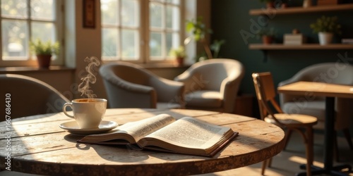 A steaming cup of coffee sits beside an open book on a rustic wooden table in a sunlit cafe