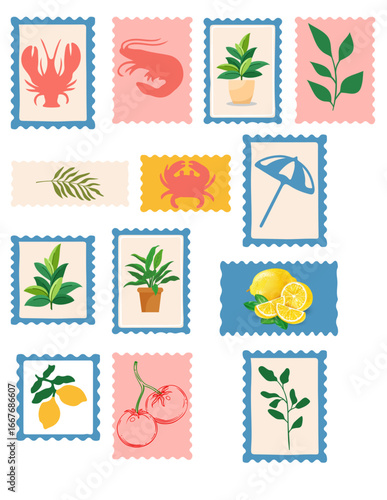Set of italian summer mediterranean postage stamps. Vacation in Italy. Amalfi. Hand drawn lobster, lemons, tomato, seashell, cocktail, shrimp, crab, tile, beach umbrella. Vector trendy illustration.