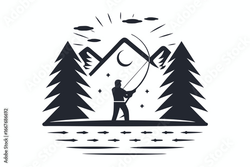 Fisherman Silhouette by Lake Inside Circle on White Background
