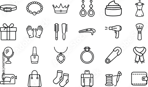 Collection of fashion and accessory icons in outline style belt bracelet