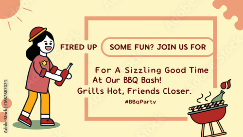 Invitation to a bbq party with a cartoon girl holding bottles and a grill with a bottle on top of it