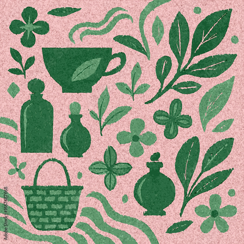 A charming textured illustration of stylized green botanical elements and natural product bottles on a soft pink background.