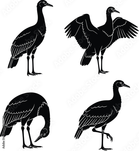 Four black silhouettes of cranes in various poses