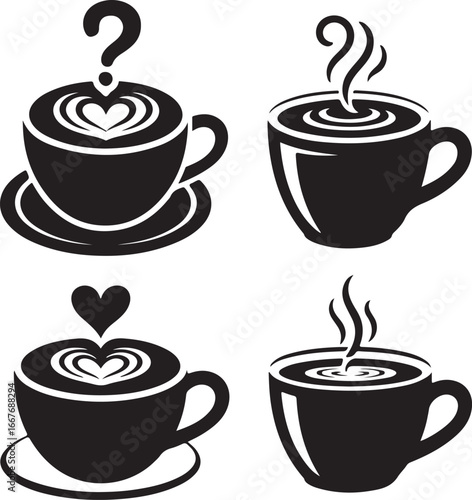 Black and white vector bundle of different coffee cups including latte, cappuccino, espresso, and americano