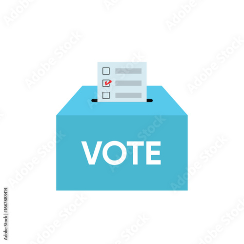 Voting ballot box vector icon. A ballot paper with a check mark being cast in an election, symbolizing democracy, choice, and civic duty. Isolated on a white background.