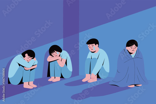 In trouble, holding head, covering face, curled up in corner, wrapped in blanket, depressed, low mood