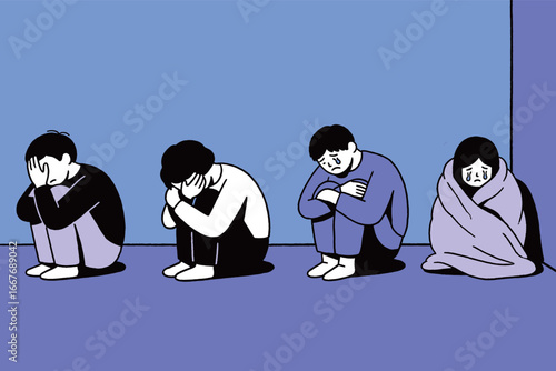 In trouble, holding head, covering face, curled up in corner, wrapped in blanket, depressed, low mood