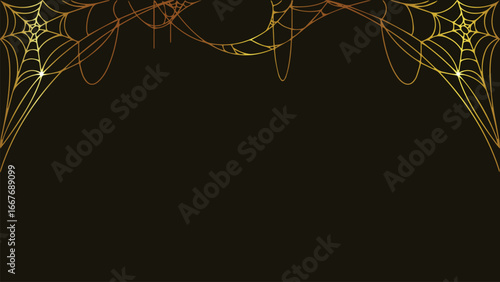 Golden spider web. Halloween border. Dark background. Vector illustration. Spooky design. Gold  web pattern. Festive header. Black backdrop. Intricate webs. Glowing spiders.
